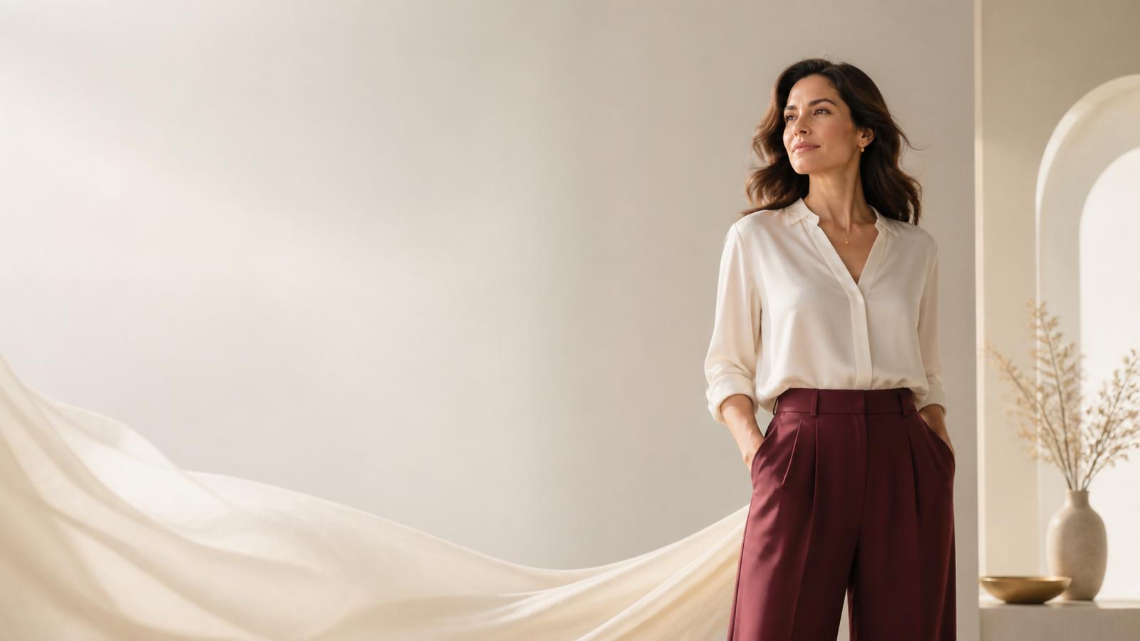 Mulher serena e confiante, de braços cruzados, num espaço calmo e luminoso