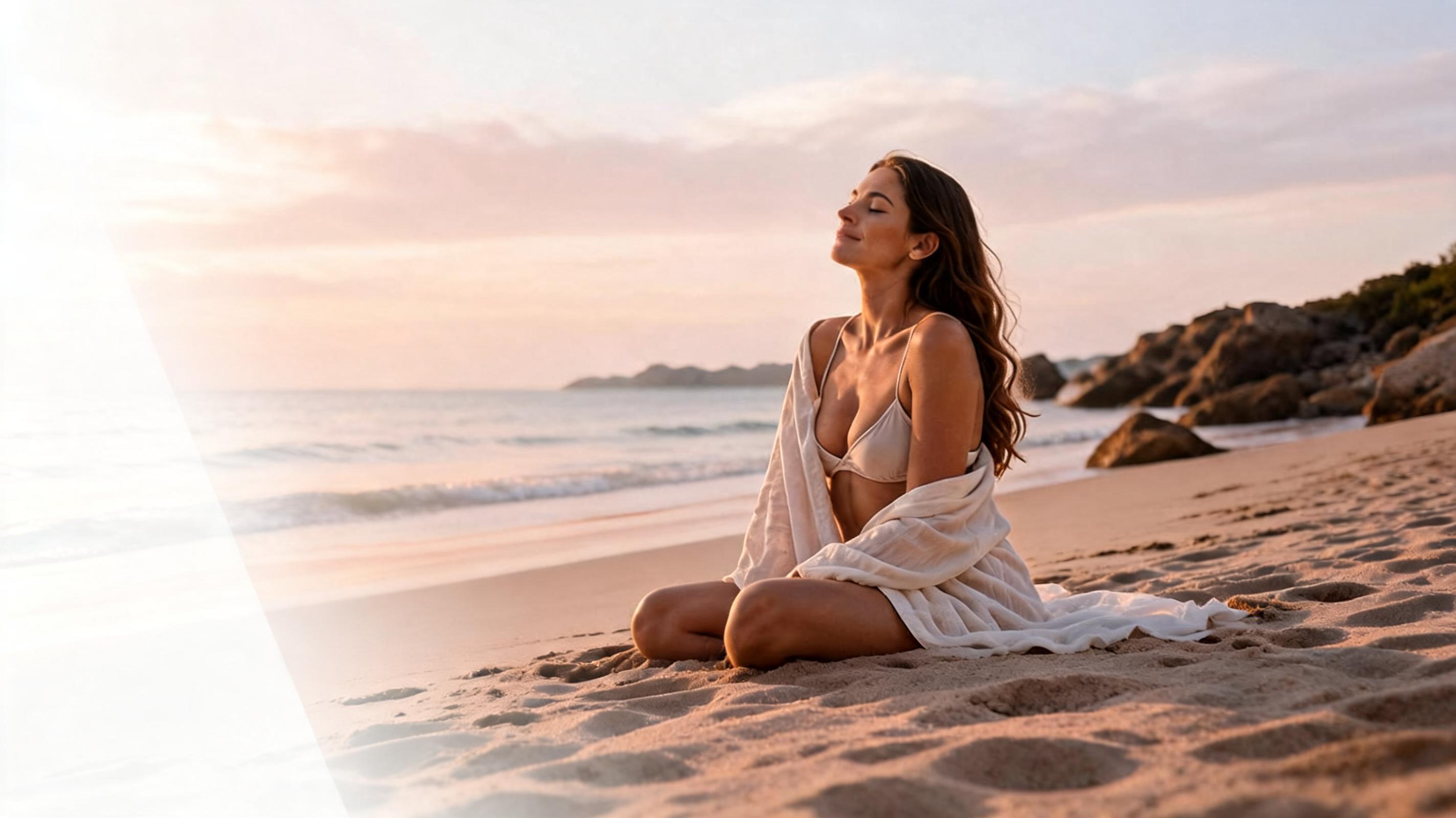 Mulher na praia ao pôr-do-sol, irradiando confiança e paz